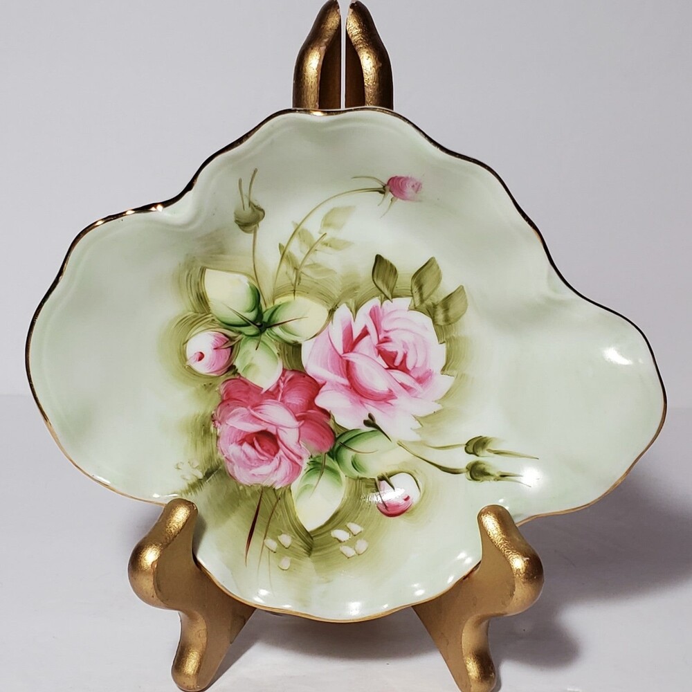Lefton Candy / Nut Dish Green Heritage Pink Roses Vintage